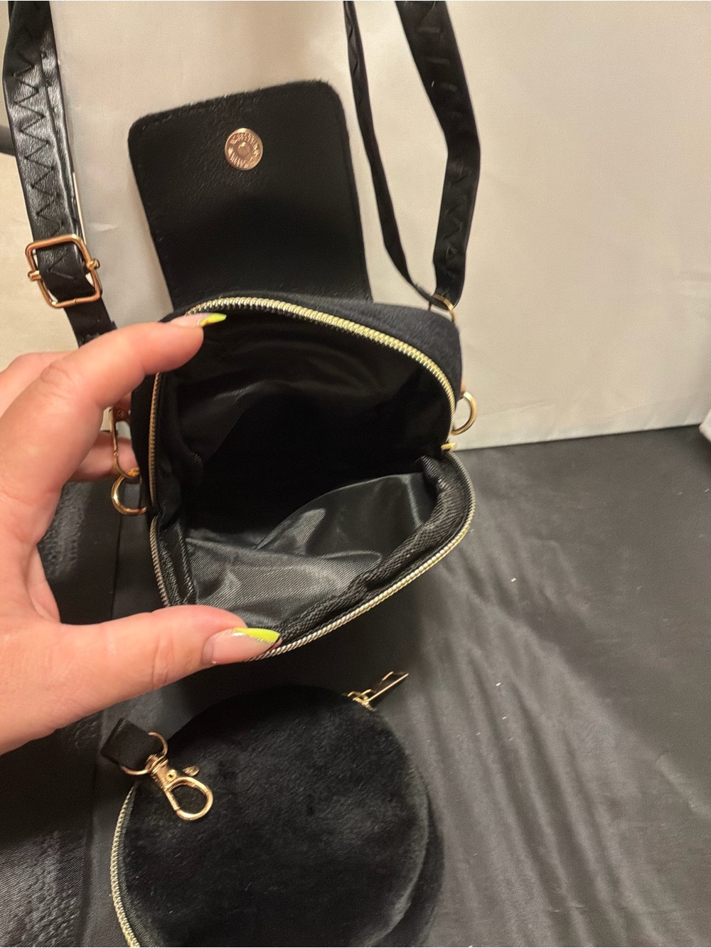 Elegant Black Crossbody Phone Bag with Gold Accent w coin purse - Picture 2 of 3